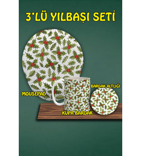 Yılbaşı Temalı 3'lü Bilek Destekli Mousepad Kupa Ve Bardak Altlığı Seti