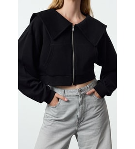 Tarz Crop Polo Yaka Düşük Kol Crop Normal Kalıp Fermuarlı Yaka Detaylı Örme Sweatshirt