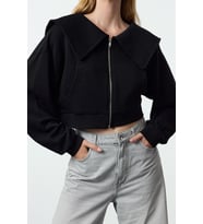 Tarz Crop Polo Yaka Düşük Kol Crop Normal Kalıp Fermuarlı Yaka Detaylı Örme Sweatshirt