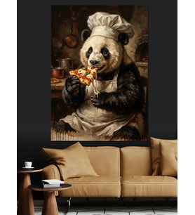 Pizza Yiyen Aşçı Şefl Panda Dekoratif Kanvas - Mdf Ahşap Tablo