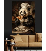 Pizza Yiyen Aşçı Şefl Panda Dekoratif Kanvas - Mdf Ahşap Tablo