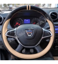 Dacia Logan Dikme Direksiyon Kılıfı Parlak Siyah Bej Detaylı Bej Çift Yüzük ve Dikiş 2017-2020