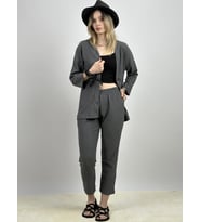 Kadın Pantolonlu Alt Üst İkili Kimono Takım Rahat Kalıp (Gri)