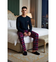 Erkek Kareli Pijama Takımı Bisiklet Yaka Sweatshirt Pantolon Fonksiyonel Dayanıklı Estetik