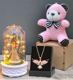 Premuim Hediye Seti Anka Kuşu Kolye, Peluş Anahtarlık ve Led Işıklı Fanus (Model 7)