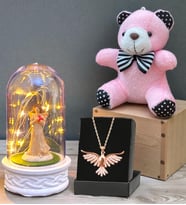 Premuim Hediye Seti Anka Kuşu Kolye, Peluş Anahtarlık ve Led Işıklı Fanus (Model 7)