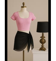 Fantezia Night Kadın Pembe Yarım Kol Crop ve Siyah Pareo 2'li Set