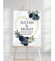 Söz Nişan Düğün İçin 50x70 Karşılama Panosu - Kalpli Çiçek Tasarımlı