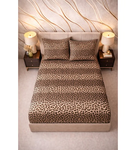More Home Çift Kişilik Lastikli Çarşaf  Seti  + Yastık Kılıfı Leopar Desenli Siyah Bej
