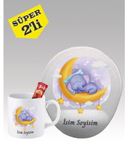 Kişiye Özel Mouse Pad ve Kupa Bardak Seti Uykucu Fil Desenli