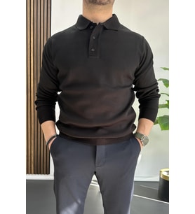 Erkek Düğmeli Polo Yaka Kazak Siyah Edw231