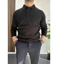 Erkek Düğmeli Polo Yaka Kazak Siyah Edw231