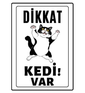Dikkat Kedi Var Uyarı Ikaz Levhası Pvc Kaplama A4 Sarı Şişman 1 (Çok Renkli)