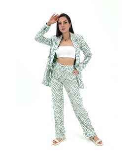 Zebra Desen Yüksek Bel Keten Pantolon - Mint Yeşili