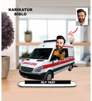 Kişiye Özel Ambulans Karikatür Biblo – Sağlık Çalışanına Hediye Ahşap Masa Üstü Dekor