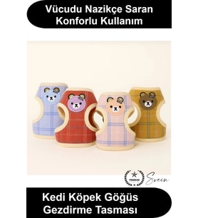 #GöğüsTasması Kedi Köpek Gezdirme Tasma Seti Ayıcık Figürlü Ekose Desenli Evcil Hayvan Yürüyüş Kayış