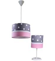 Gri Yıldızlı Pembe Kumaş Kaplama 2,li Set Çocuk Odası Genç Ve Bebek Odası Avize Ve Abajur Seti Aydınlatma (Pembe-Pembe-Pembe)