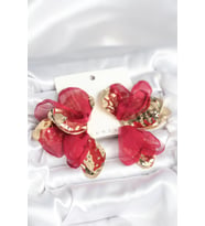 Pirinç Gold Renk Bordo Tüllü Lotus Kadın Küpe