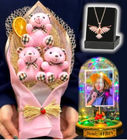 Size Özel Renkli Led Işıklı Fanus, Büyük Boy Ayıcık Buketi ve Anka Kuşu Kolye (Model 5)