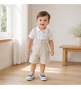 Erkek Çocuk Keten Askılı Salopet Şortlu Takım - KREM / 2-3 YAŞ