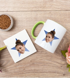 Kişiye Özel Mavi Yıldız Kafa Fotoğraflı Yeşil Kupa ve Bardak Altlığı