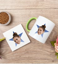 Kişiye Özel Mavi Yıldız Kafa Fotoğraflı Yeşil Kupa ve Bardak Altlığı