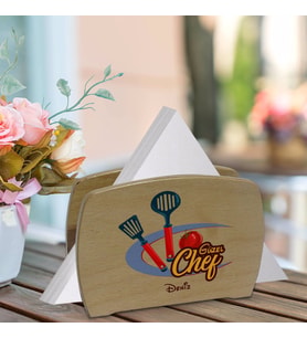 BK Gift Kişiye Özel Güzel Chef Tasarımlı Lüks Ahşap Peçetelik-1