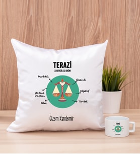 Kişiye Özel Terazi Burcuna Hediye Kare Yastık ve Fincan