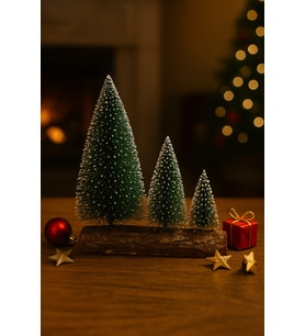 3’lü Mini Kar Efektli Yılbaşı Noel Ağaç Seti – Ahşap Kütük Üzeri Dekoratif Mini Çam Ağaçları (16 – 1 (Karışık)