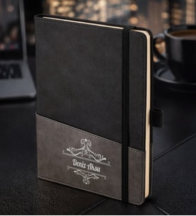 BK Gift Kişiye Özel Siyah Termo Deri Defter -2, Kartvizit Bölmeli, Çizgili Ivory Kağıt