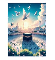 Beyaz Güvercinler Ve Kabe Tasarım Ahşap Tablo