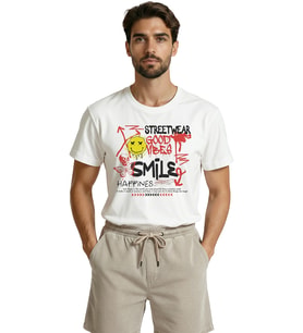 ''Streetwear Good Vibes'' ve ''Smile'' Yazılı Graffiti Temalı Premium Erkek Tişört (Beyaz)