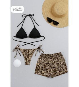 Kadın 3'lü Set Siyah ve Leopar Desenli Şortlu Yandan Bağlamalı Bikini Mayo Takımı