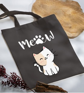 BK Gift Kedi Tasarımlı Antrasit Kumaş Bez Çanta, Baskılı Omuz Çantası, Alışveriş Çantası, Anneye Hediye-11
