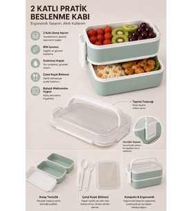 2 Katlı Plastik Kaşık Çatallı Kilitli Sefer Tası 7 Parça Yeşil