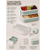 2 Katlı Plastik Kaşık Çatallı Kilitli Sefer Tası 7 Parça Yeşil