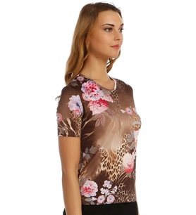 Kristal Emprime Baskılı Kısa Kol Örme Lycralı T-shirt (Kahverengi)