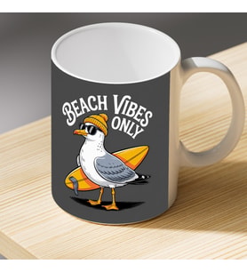 Beach Vibes Only Yazılı Martı Baskılı Porselen Kupa - Deniz Severlere Hediye Kahve Kupası