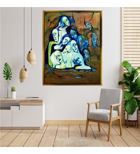 Tablore Ekspresyonist Sanat Mavi Ve Sarı İnsan Figürleri Çerçeveli Kanvas Tablo Modern Soyut Dekor