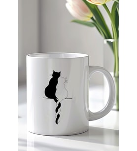 Aşk Temalı Kedi Figürlü 330ml Baskılı Beyaz Seramik Kupa Bardak