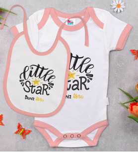 BK Kids Kişiye Özel Little Star Tasarımlı Pembe Bebek Body Zıbın ve Mama Önlüğü Hediye Seti