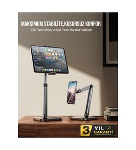 iPad Uyumlu Tablet ve Telefon Tutucu Metal Masa Kelepçeli 360° Stand