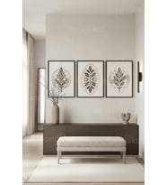 Minimalist Bitkisel ve Geometrik Desenli 3’lü Ahşap Çerçeveli Tablo Seti