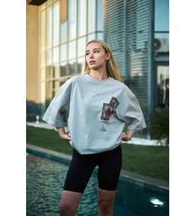 Unisex Bisiklet Yaka Baskılı Oversize T-Shirt - Boyalı Gri
