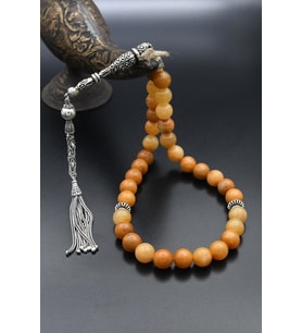 33'lük Doğal Carnelian Taşlı Tesbih 925 Ayar Gümüş Püsküllü 10mm Küre Kesim