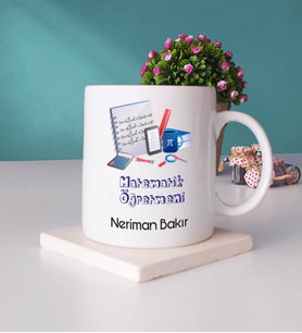 Matematik Öğretmeni Tasarımlı Kişiye Özel Matematik Öğretmeni Kupa Bardak ve Taş Bardak Altlığı Hediye Seti