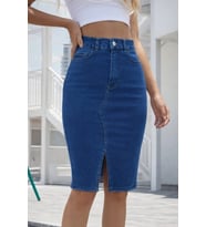 Kadın Yüksek Bel önden Yırtmaçlı Kısa Kot Etek