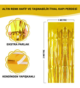 Altın Gold Renk Ekstra Metalize Parlak Saçaklı Arka Fon Perde İthal A Kalite 1x2 Metre (5343)