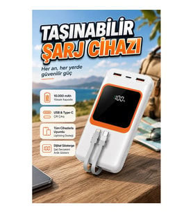 10000 mAh Taşınabilir Powerbank – Dijital Göstergeli, USB ve Type-C Çıkışlı Beyaz