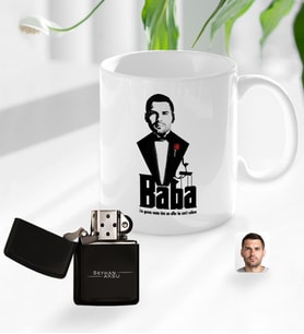 BK Gift Kişiye Özel Babalar Günü Hediyesi Godfather Baba Tasarımlı Kupa Bardak ve Benzinli Çakmak Seti-3 (Model 1)
